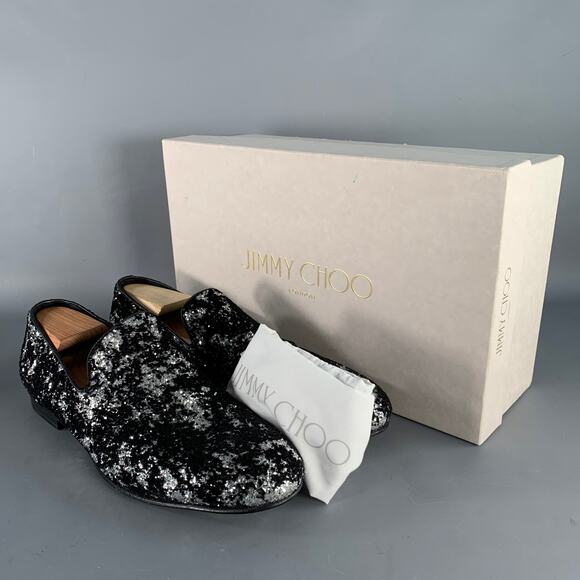 JIMMY CHOO Size 11 Velvet Glitter Devore Sloan Black Silver Slip On Loafers main image 2